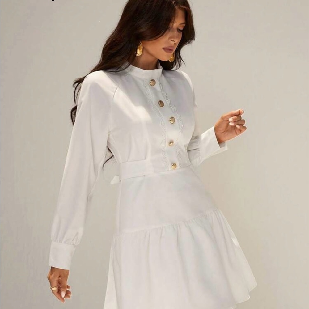 White Long Sleeve Dress with Gold Buttons